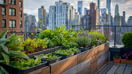Fototapeta premium urban farming and modern living in this minimalist view of a small rooftop garden. Neatly arranged planter boxes create a serene green space amidst surrounding city buildings, showcasing sustainable c