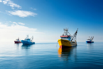 Colorful fishing boats float peacefully in calm waters under a bright blue sky, creating a picturesque maritime scene.