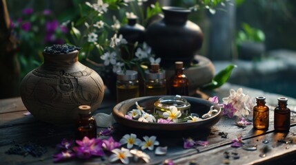 A calming Thai massage scene featuring herbal compresses, fresh flowers, and essential oils.