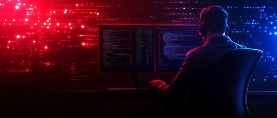 Fototapeta premium A focused individual works on a computer, illuminated by vibrant red and blue lights, reflecting a digital environment.