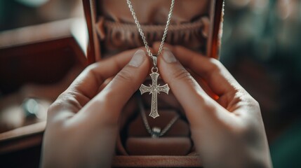 cross necklace being gently placed in a jewelry box, symbolizing the care and reverence for sacred items.