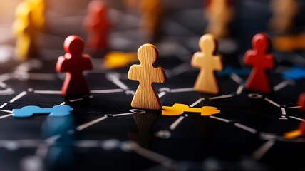 Colorful game pieces connected by pathways on a dark board, symbolizing strategy, teamwork, and collaboration.