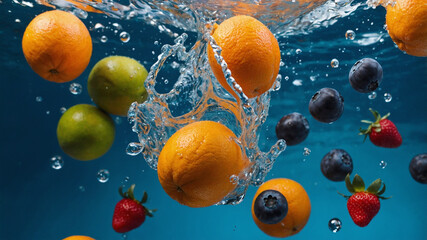 Dynamic Fruit Splash – Fresh Orange, Strawberry, and Kiwi in Water