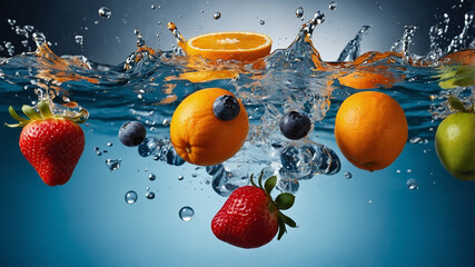 Dynamic Fruit Splash – Fresh Orange, Strawberry, and Kiwi in Water