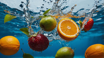 Dynamic Fruit Splash – Fresh Orange, Strawberry, and Kiwi in Water