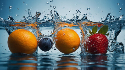 Dynamic Fruit Splash – Fresh Orange, Strawberry, and Kiwi in Water