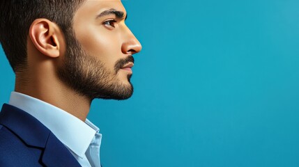 A young man with a beard and a blue suit jacket is looking to the right against a blue background.