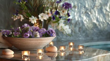 A peaceful spa environment with a bowl of fresh flowers, smooth stones, and soothing candles.