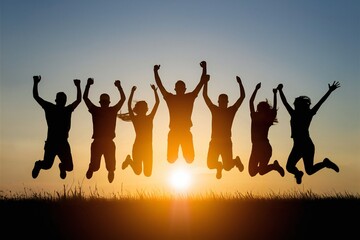 Fototapeta premium Silhouette, Group of Friends Jumping at Sunset - Unity, Freedom, and Joy