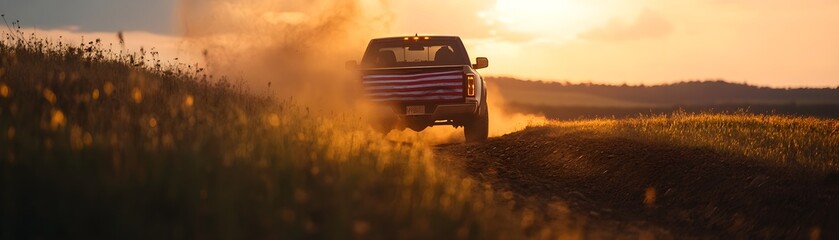 Obraz premium American flag draped over the back of a pickup truck, off-roading through rugged terrain, dust clouds in the air, action-packed, rough and ready