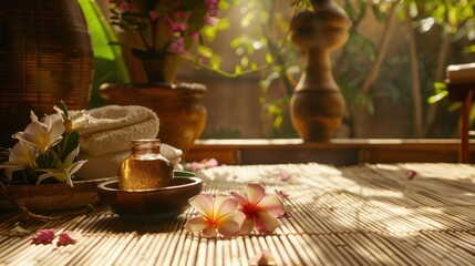 A peaceful Thai massage environment with a bamboo mat, herbal oils, and a bowl of fresh flowers.