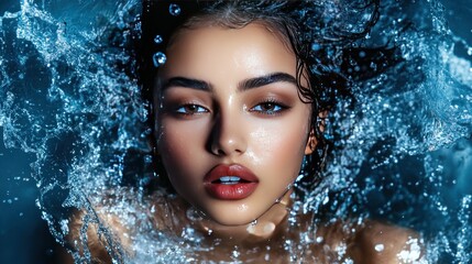 A close-up shot of a woman's face with water splashing around her.