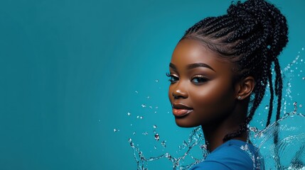 A young woman with braided hair looks off to the side as water splashes around her.