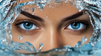 Close-up of a woman's eye with water splashing around it.