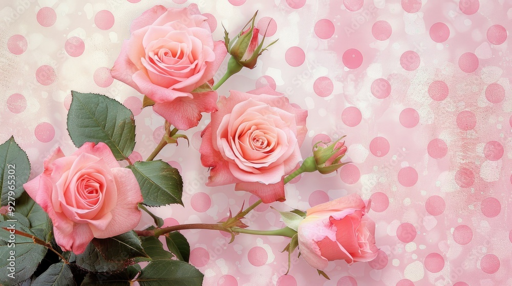 Poster pink roses on pink dot background