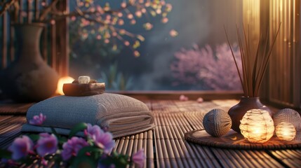 Obraz premium A serene Thai massage scene with a softly lit room, herbal compress balls, and a bamboo mat.