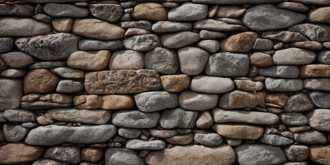 Fototapeta premium Steinwand mit abwechslungsreich geformten und farblich nuancierten Steinen, die eine lebendige und dynamische Struktur mit einem harmonischen Zusammenspiel aus Grau- und Brauntönen darstellt