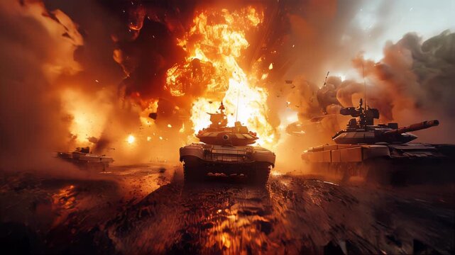 A powerful scene of a tank charging through a fiery battlefield, surrounded by explosions and chaos