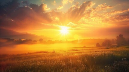 Fototapeta premium A sunrise over a peaceful landscape, representing the dawn of a new day and new opportunities.