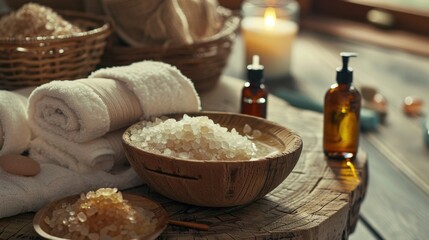 Fototapeta premium A tranquil spa scene with soft towels, a bowl of aromatic bath salts, and soothing oils on a wooden surface.