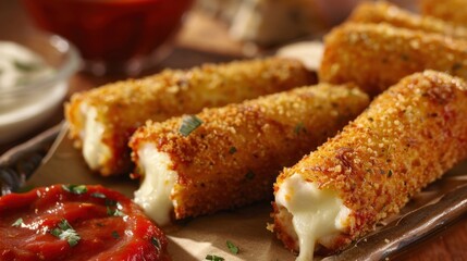 Fototapeta premium Fried mozzarella sticks with melted cheese oozing out, accompanied by marinara sauce.