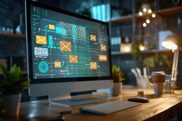 A computer monitor displays a complex network of emails and other messages