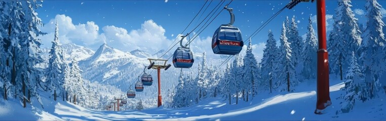 Enchanting Anime-Style Winter Ski Resort: A Serene Snowy Landscape with Vacant Slopes, Covered Trees, and Cable Cars, Ideal for Christmas, New Year, and Spring Festival Travel Posters.