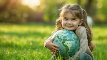 Fototapeta premium cute little girl hugging the earth globe with green grass as the background It is a symbol of environmental protection.