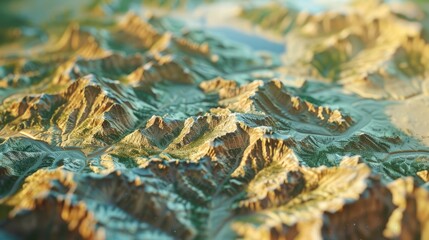 Detailed 3D map with mountain terrain. aerial photography geospatial technology