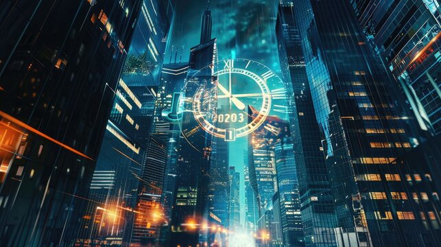 Futuristic cityscape with large holographic clocks
