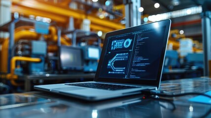 Laptop in modern industrial factory