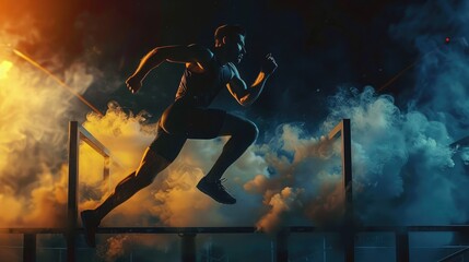 Male athlete super runner in jumping over obstacles in midway. Capture photos with stunning light and smoke. Intense focus, agility and strength.