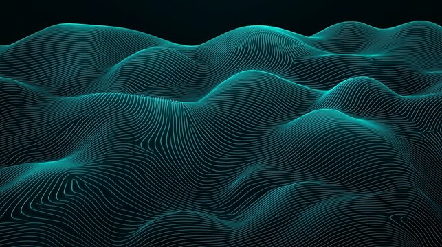 Elegant vector design of teal wavy lines on a black background, embodying minimalism and high-resolution 8K quality for modern aesthetics.