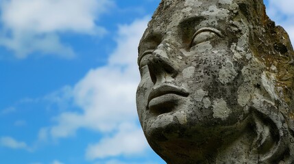 Stone female face against sky