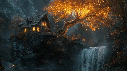 Fototapeta premium Mystical Cottage by the Waterfall.