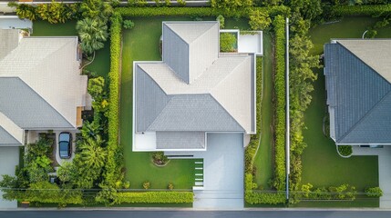 Aerial view of a modern home with a lush green lawn and a driveway.