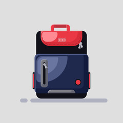 Flat illustration back to school bag, blue school bag with red ornament