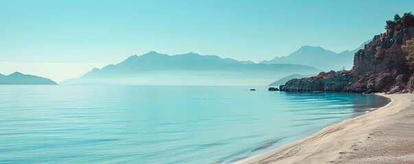 Fototapeta premium Coastal Landscape with Blue Water, Sandy Beach, and Distant Mountains