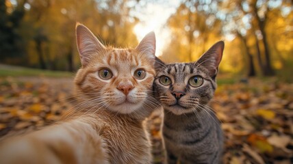 Fototapeta premium Two cats pose for a selfie, capturing a moment of friendship and fun. Perfect for travel, pet, and social themes.