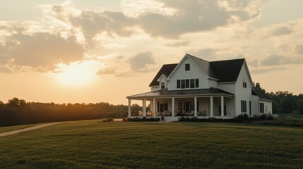 A white farmhouse with a wraparound porch sits on a grassy hill at sunset.
