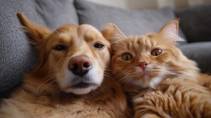 A dog and a cat happily taking a selfie together, capturing the essence of friendship, travel, and pet companionship.