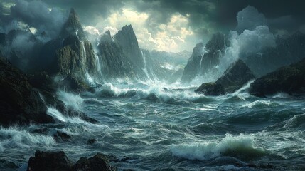 Stormy Sea with Dramatic Mountain Landscape.