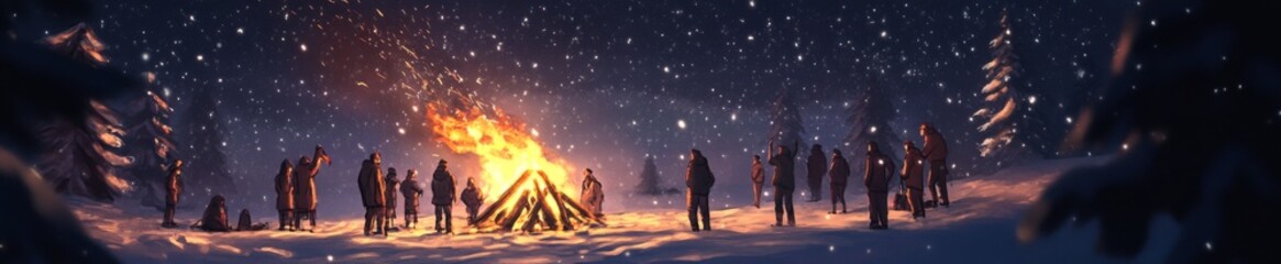 Fototapeta premium Winter Solstice Enchantment: anime-style Illustration of a Snowy Bonfire Gathering, Sharing Stories and Warmth on the Longest Night of the Year,Anime-Style,illustration,Picture BooksFor Poster,Novel,U