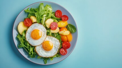 Fried eggs with vegetables on a plate. A bright healthy breakfast