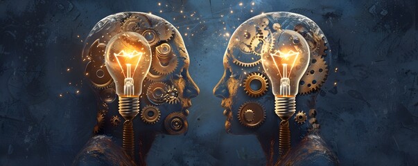 Two Mechanical Heads with Illuminated Light Bulbs as Brains