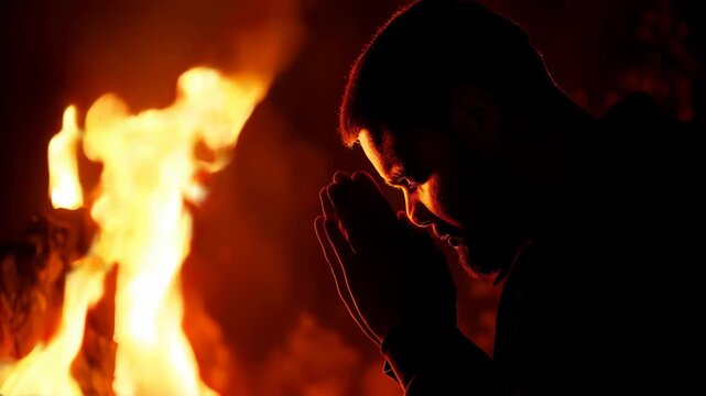 Christian man praying to god and Jesus Christ in front of the burning cross