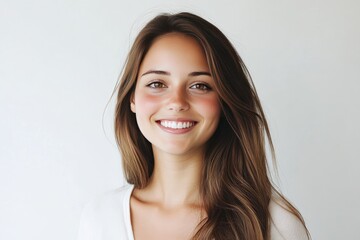 Naklejka premium Bright smile of a young woman with long hair against a minimalistic background, capturing a moment of joy and warmth