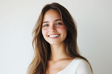 Naklejka premium Joyful young woman with long hair smiles brightly against a soft, neutral background, capturing a moment of genuine happiness