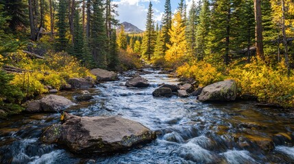 Stream Flowing Through Autumn Forest.