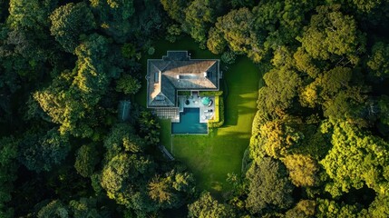 Aerial View of a House in the Woods.
